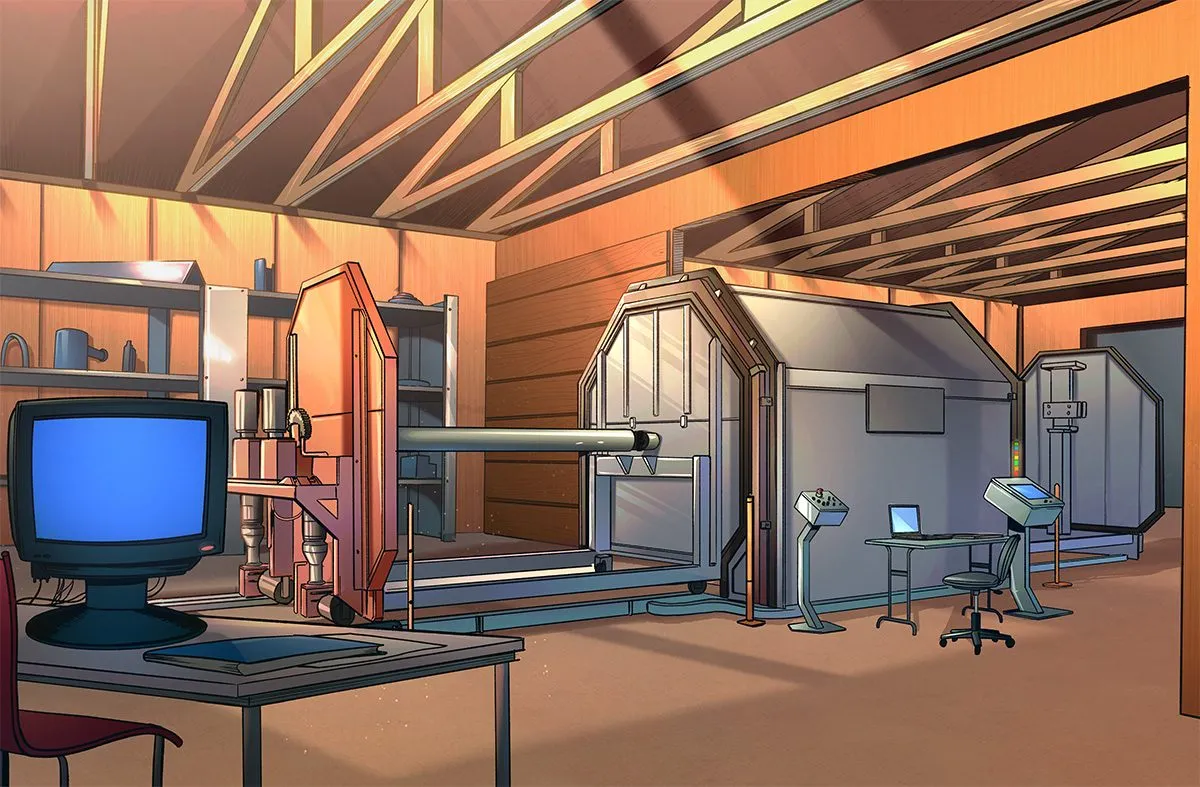 « Le secret d'Eugène », version digitale : atelier illustré de la maison d'Eugène, avec une ligne d'extrusion et un poste informatique