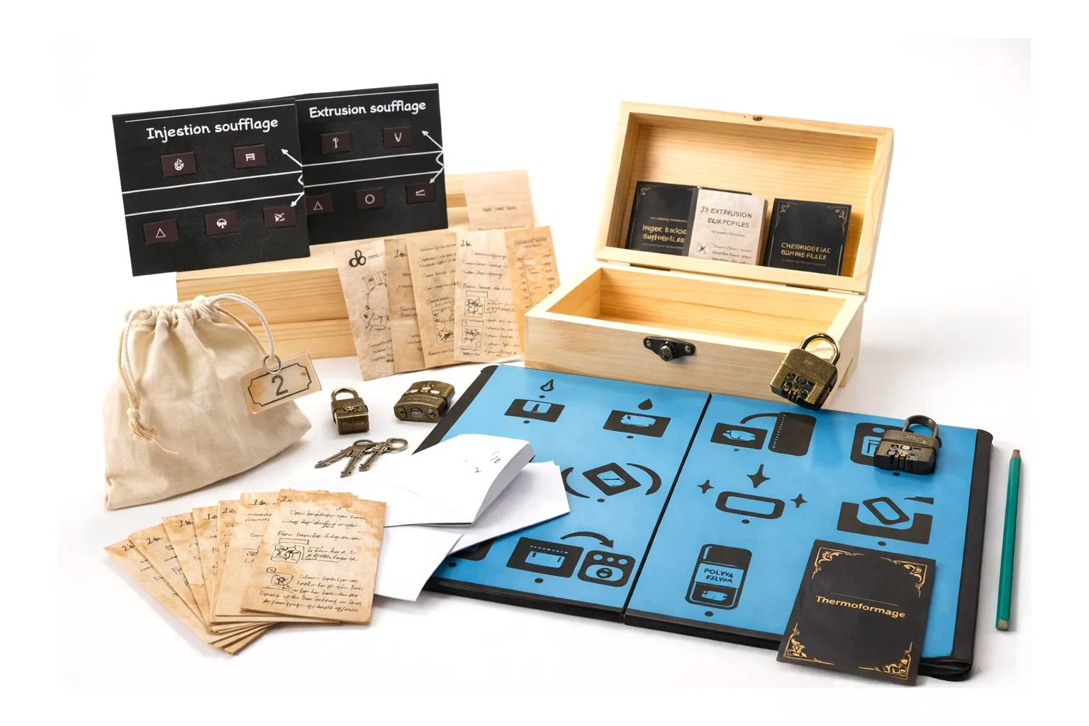 « Le secret d'Eugène », version en salle : coffret en bois, plaques gravées « Injection soufflage » et « Extrusion soufflage », plateau d'énigmes bleu, cadenas, pochon et pages du Livre de notes d'Eugène