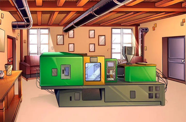 « Le secret d'Eugène », version digitale : salle illustrée de la maison d'Eugène, avec une presse à injecter colorée au centre