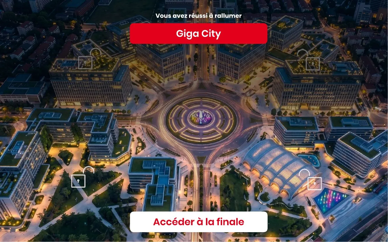 SFR 2026 : écran final de l’application, « Vous avez réussi à rallumer Giga City », sur une vue aérienne de la ville illuminée
