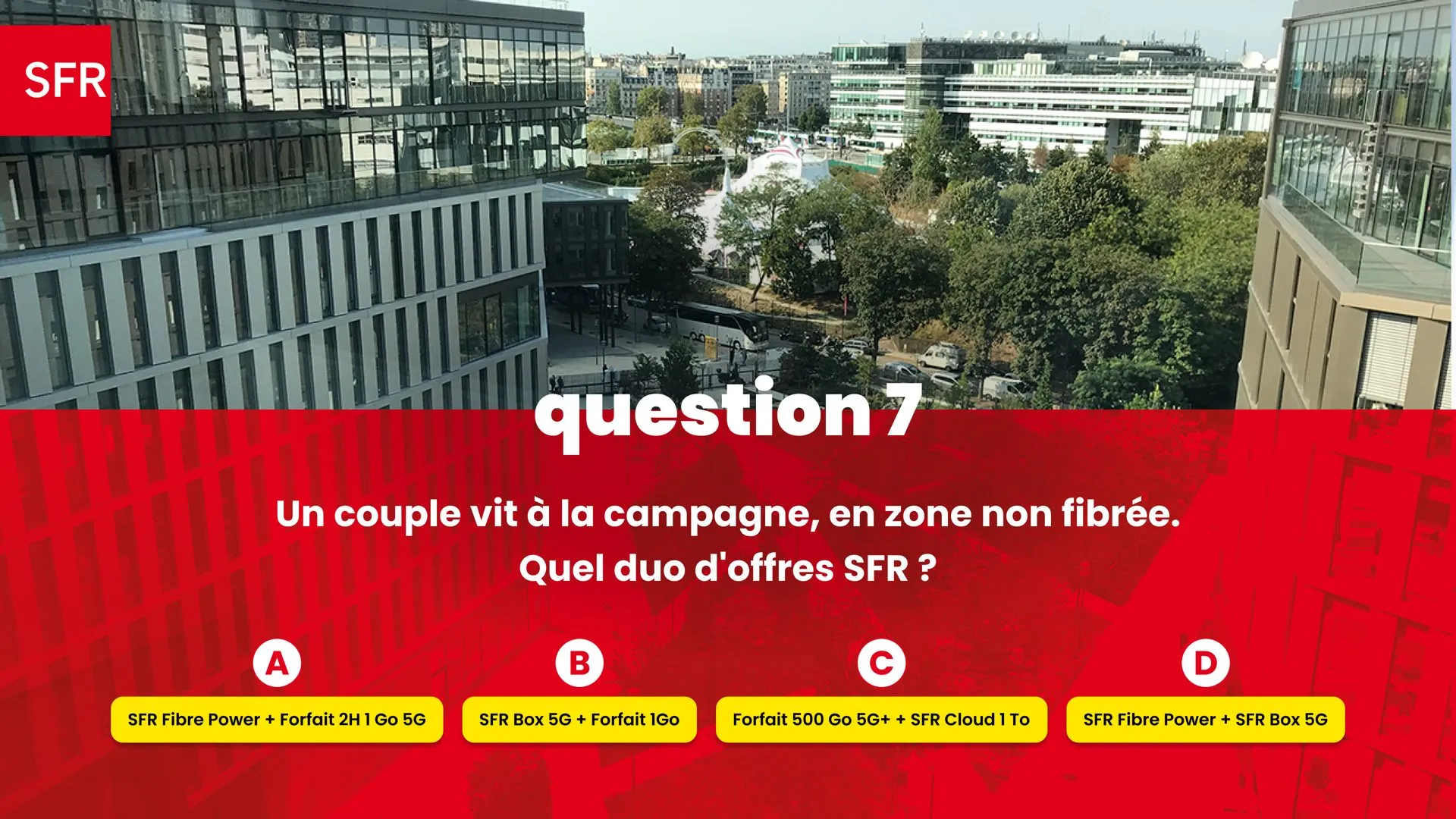 SFR 2026 : question 7 du Money Drop, « Un couple vit à la campagne, en zone non fibrée. Quel duo d’offres SFR ? », avec quatre combinaisons d’offres