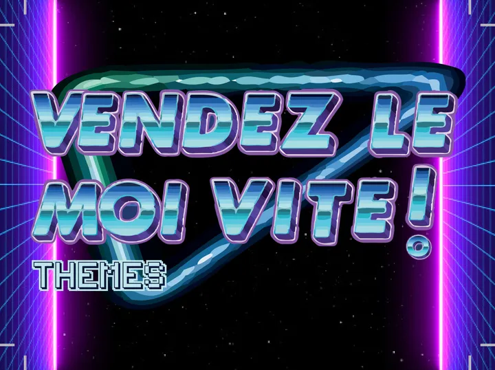 TotalEnergies : carte « Vendez-le moi vite ! Thèmes » du stand publicité, lettrage chromé rétro sur fond de grille néon violette